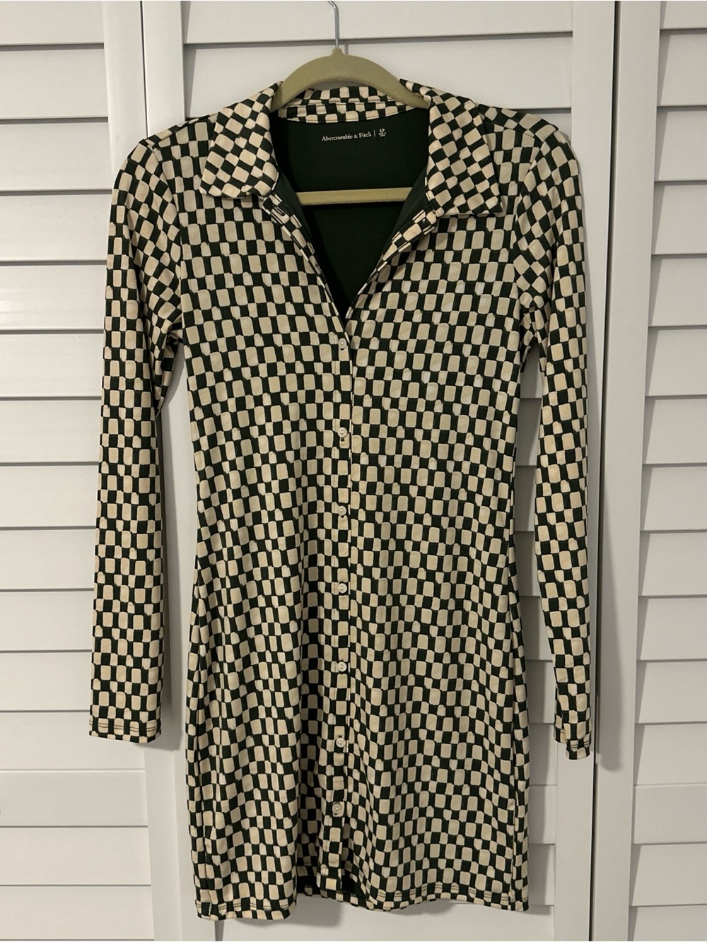 Abercrombie & Fitch Green and Cream Checkerboard Button-Front Long Sleeve Dress